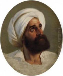 Portrait Of A Beardy Gentleman 
With White Turban. Study. Oil On Canvas. Laid Down On Cardboard. 53 X 
44cm. In Oval. by Paul Emil Jacobs