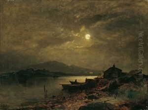 Norwegische Fjordlandschaft Bei Mondschein.