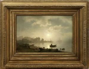 Norwegische Kustenlandschaft Mit Fischerdorf Im Mondschein by Sophus Jacobsen