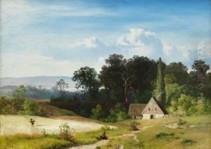 Sittende Kvinne I Landskap Med Hus Og Aker by Sophus Jacobsen