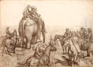 British Officials Accompanying Figures Atop Anindian Elephant by George Percy Jacomb-Hood