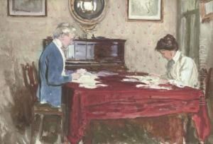 Claire Goff And Rita Jacomb-hood Reading The Morning Post At 26 Tite Street, Chelsea by George Percy Jacomb-Hood