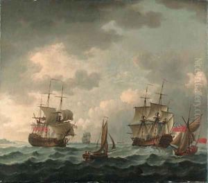 A British Man-o'-War in two positions, with other vessels off a coast by John the Elder Cleveley