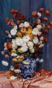 Degrande Adolphe Louis Mums In A Porcelain Vase by Adolphe Louis Castex-Degrange