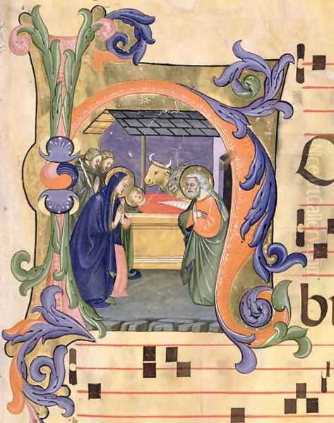 Ms 571 f.6r Historiated initial 'H' depicting the Nativity from an antiphon - view 1