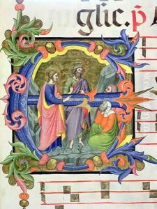 Ms 572 f.107 r Historiated initial 'E' depicting St. John the Baptist introducing Christ to two disciples, from an antiphone by Don Simone Camaldolese