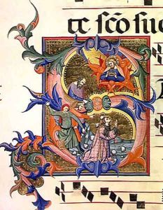 Ms 572 f.32v Historiated initial 'S' depicting the stoning of St. Stephen by Don Simone Camaldolese
