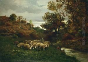 Schafer Mit Herde An Herbstlichem Bachufer. by Charles Jacques