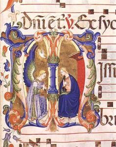 Ms 572 f.147r Historiated initial 'M' depicting the Annunciation from an antiphon from Santa Maria del Carmine, Florence by Don Simone Camaldolese
