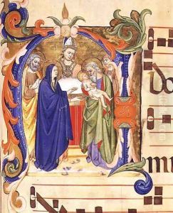 Ms 572 f.88r Historiated initial 'N' depicting the Presentation in the Temple from an antiphon from Santa Maria del Carmine, Florence by Don Simone Camaldolese