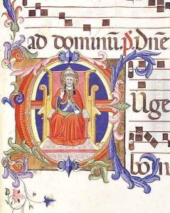 Ms 572 f.125r Historiated initial 'E' depicting St. Peter as the first bishop of Rome from an antiphon from Santa Maria del Carmine by Don Simone Camaldolese