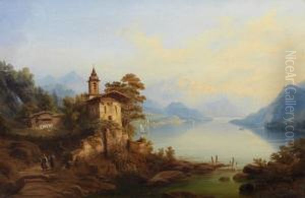 Sehr Fein Lasierend Gemalte Und 
Detailreiche, Atmospharisch Gestimmte Ansicht Des Idyllischen Sees Mit 
Pittoresker Kapelle. Motivtypisches Spatromantisches Werk Des Kunstlers,
 Der Durch Virtuos Nuancierte Farb- Und Helligkeitswerte Mit Sich 
Verfar - view 1