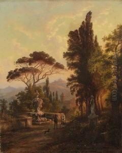 Sudliche Landschaft Mit Brunnen
 Und Figurengruppe Im Abendlicht.