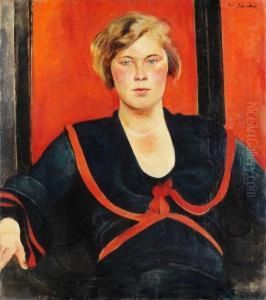 Frauenbildnis Vor Rotemhintergrund by Willy Jaeckel