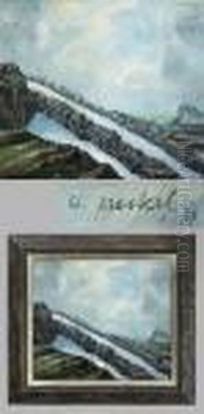 "felslandschaft Mit Sturzbach" In Blau-grauen Tonen - view 1