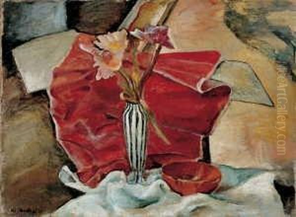 Stilleben Mit Blumenvase Vor Rotem Tuch - view 1