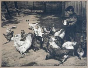 Huhnerhof Mit Futterndem Jungen by Georg Jahn