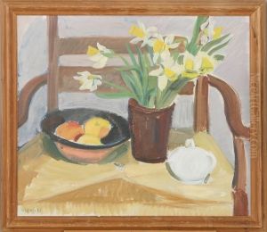 Still Life With Daffodils And Apples. Signed Ville J.n by Ville Jais-Nielsen
