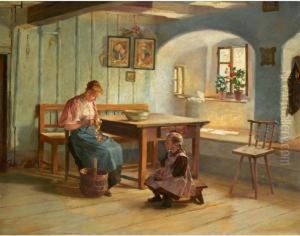 A Mother And Child In An Interior by Georg Jakobides