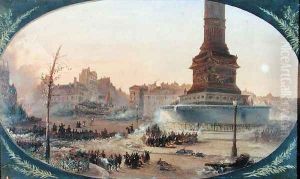 View of the Place de la Bastille and the Barricade at Faubourg Saint-Antoine, 25th June 1848, 1848-60 by Jean-Jacques Champin