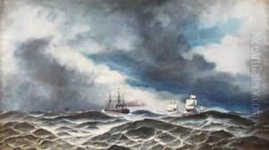 Sailing Ships In A Stormy Sea by David James