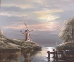 The River Windmill In Moonlight
