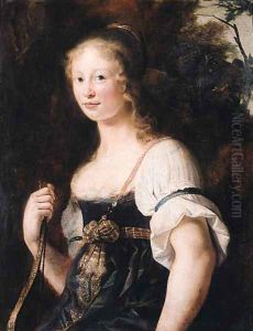 A portrait of a young woman as Diana, standing half length in a landscape, wearing a green dress and chemise, a wrap around her waist - a fragment A portrait of a young woman as Diana, standing half length in a landscape, wearing a green dress and chemise, a wrap around her waist - a fragment