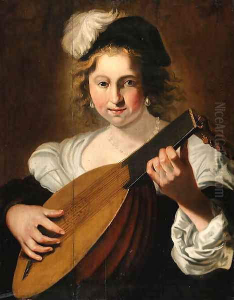 A lady playing a lute - view 1