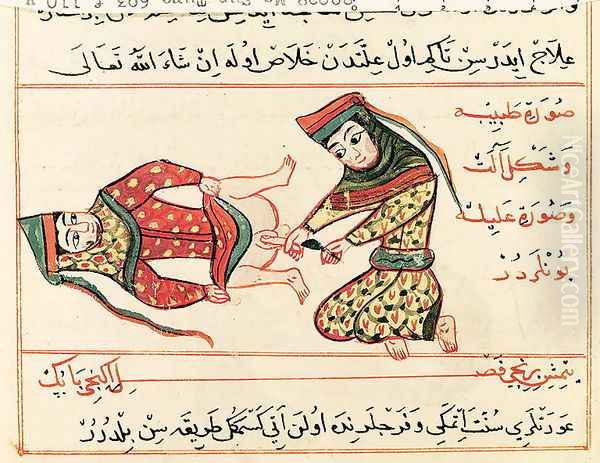 Ms Sup Turc 693 fol.110v Midwife operating on a hermaphrodite, 1466 - view 1