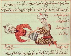 Ms Sup Turc 693 fol.95 Surgical puncture of the abdominal cavity of the aspiration of peritoneal fluid with a canula on a patient suffering from dropsy, 1466 by Charaf-ed-Din