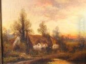 Thatched Houses And Sunset