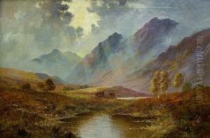 Cattle Watering In A Highland Lock Scene by Frances E. Jamieson