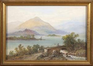Lake Scene With Stone Bridge And Figure In Foreground Lake Scene With Stone Bridge And Figure In Foreground
