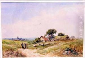 Depicts Two Figures On A Path With Sheep And Thatched Cottages Depicts Two Figures On A Path With Sheep And Thatched Cottages