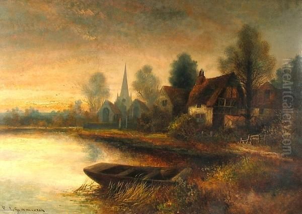 An English River Landscape With A
 Church In The Distance; An English River Landscape With Thatched 
Cottages (a Pair) - view 1