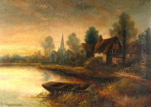 An English River Landscape With A
 Church In The Distance; An English River Landscape With Thatched 
Cottages (a Pair)