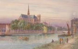Busy River Scene Near A Cathedral At Sunset