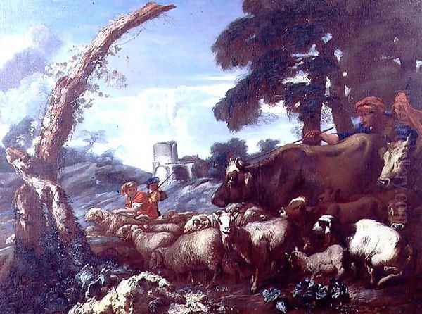 Farmhands with cattle and sheep - view 1