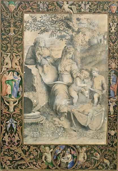 Border of an Illuminated Manuscript surrounding a drawing after Raphael's The Holy family under the Oak - view 1