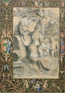 Border of an Illuminated Manuscript surrounding a drawing after Raphael's The Holy family under the Oak by Giorgio-Giulio Clovio
