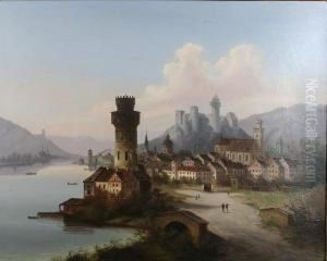 River Landscape With Castle And Town, Thoughtto Be On The Rhine Or The Danube by J. Wilhelm Jankowski