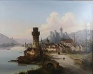 River Landscape With Castle And Town, Thought To Be On The Rhine Or The Danube by J. Wilhelm Jankowski