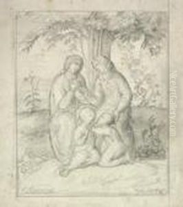 "les Saintes Soeurs, Baptiste Et L'enfant Jesus Conversant Sous Un Arbre" by Anne-Francois-Louis Janmot