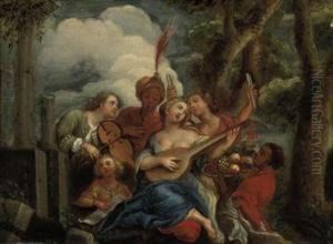 Figures Making Music In A Landscape Beside Classical Ruins by Frans Christoph Janneck