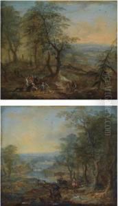 An Extensive Wooded Landscape 
With An Elegant Hunting Party And Hounds Attacking A Wild Boar, Other 
Figures On A Path Beyond by Frans Christoph Janneck