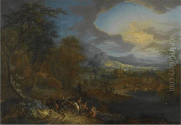 An Extensive Rhenish Landscape
With Travellers And Their Horses Ona Path In The Foreground - view 1