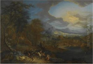 An Extensive Rhenish Landscape
With Travellers And Their Horses Ona Path In The Foreground by Frans Christoph Janneck