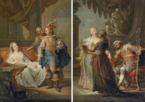 An Elegant Couple With An Old
Maid In An Interior; And An Elegant Couple With An Old Maid In An
Exterior by Frans Christoph Janneck