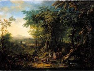 Travellers On A Forest Road Overlooking A City, A Distant Landscape Beyond by Frans Christoph Janneck