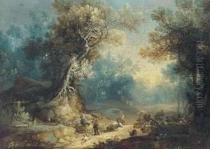 A Wooded Landscape With A Shepherd And Shepherdess At Rest On Atrack by Frans Christoph Janneck